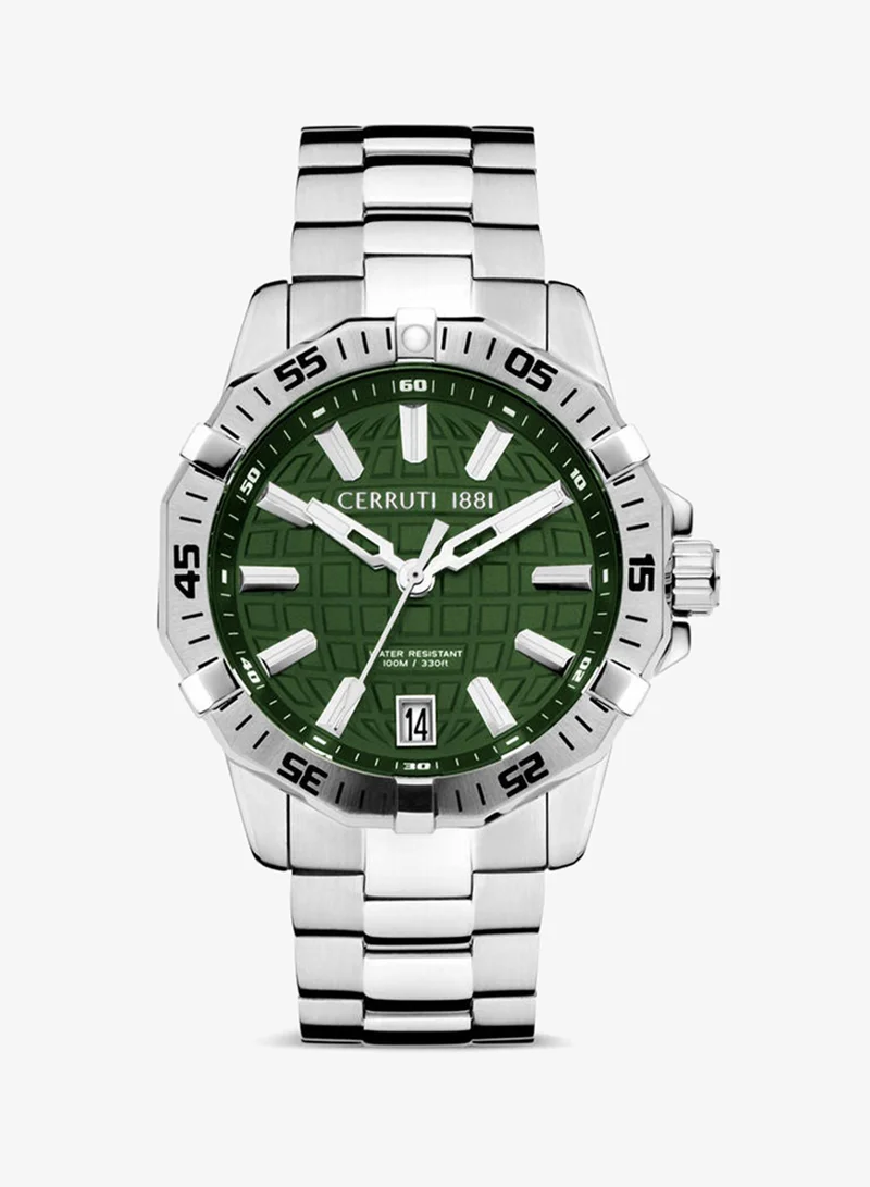 Vallelaghi Men's 44mm Analog Quartz Watch with Green Dial & Stainless Steel Bracelet