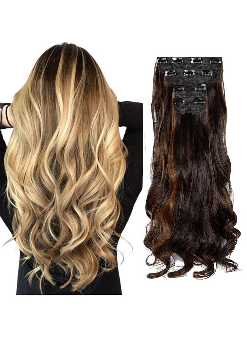 إستيل وصلات شعر 4 قطع 11 مشابك مموجة ومموجة سميكة كاملة الرأس مزدوجة اللحمة على وصلات الشعر الاصطناعية المتموجة قطع الشعر للنساء بني داكن مزيج بني فاتح مجعد - Image 1