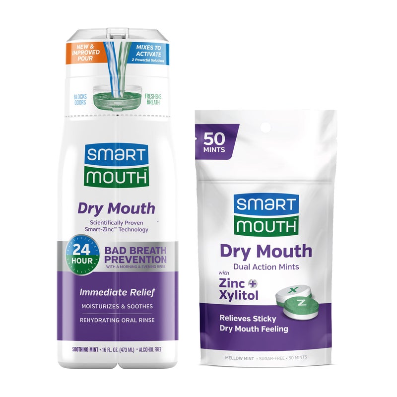 SmartMouth Package with Dry Mouth Activated Mouthwash - 16 Fl Oz, Soothing Mint & Dry Mouth Dual-Action Mints - 50 Count, Mellow Mint - Image 1