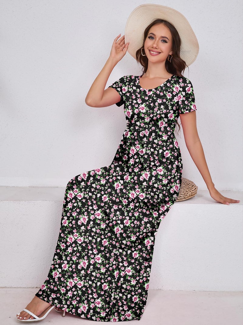 DEARCASE Maxi Dress for Women Floral Black Pink Large Round Neck Boho Short Sleeve A-line Casual Hawaiian Flowy Party Vintage Spring Summer Beach Long Dresses with Pockets - Image 3