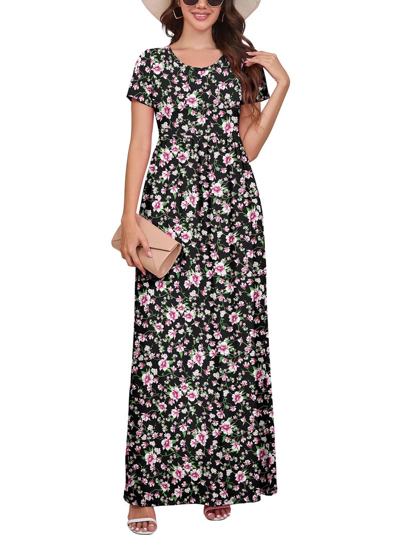 DEARCASE Maxi Dress for Women Floral Black Pink Large Round Neck Boho Short Sleeve A-line Casual Hawaiian Flowy Party Vintage Spring Summer Beach Long Dresses with Pockets - Image 1
