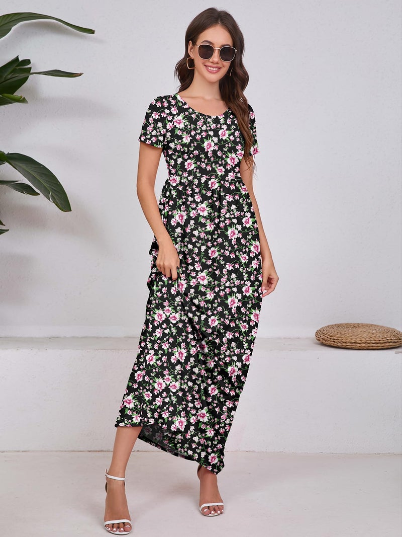 DEARCASE Maxi Dress for Women Floral Black Pink Large Round Neck Boho Short Sleeve A-line Casual Hawaiian Flowy Party Vintage Spring Summer Beach Long Dresses with Pockets - Image 4