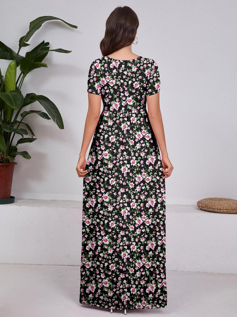 DEARCASE Maxi Dress for Women Floral Black Pink Large Round Neck Boho Short Sleeve A-line Casual Hawaiian Flowy Party Vintage Spring Summer Beach Long Dresses with Pockets - Image 2
