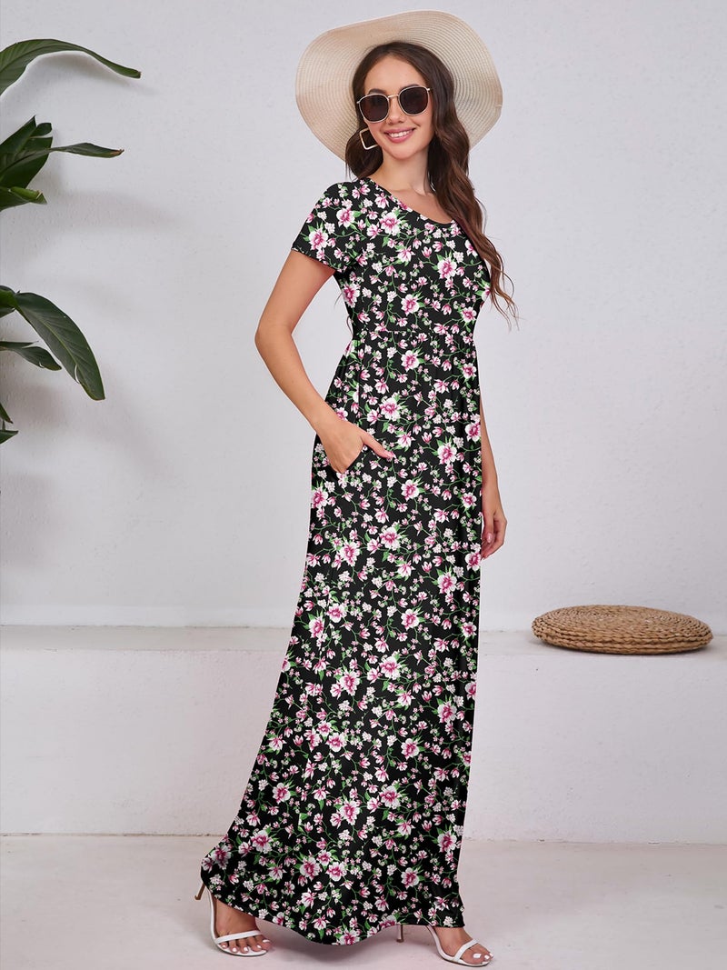 DEARCASE Maxi Dress for Women Floral Black Pink Large Round Neck Boho Short Sleeve A-line Casual Hawaiian Flowy Party Vintage Spring Summer Beach Long Dresses with Pockets - Image 5