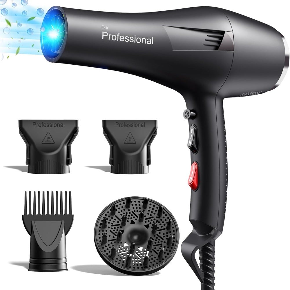 Hair Dryer Ion Professional Hair Dryer with 1 Diffuser, 2 Styling Nozzles, 3 Heating and 2 Speed Levels, 2.5 Metre Long Power Cable, Strong Hair Dryer for Family