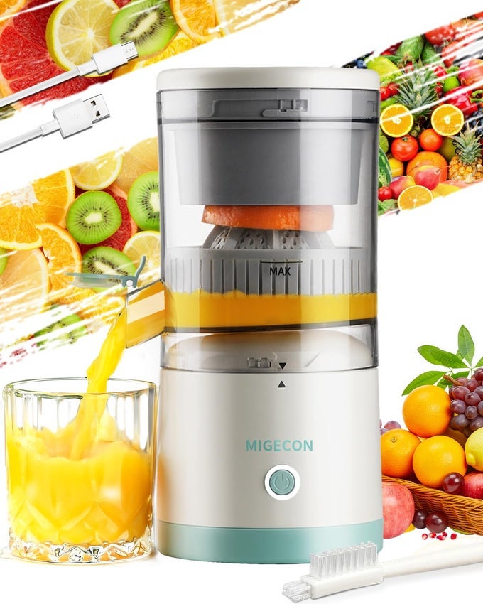 ELECTRIC JUICER RECHARGEABLEPORTABLE KITCHEN GADGET FOR MAKING ORANGE JUICESQUEEZING ORANGESLEMONSKIWI FRUITGRAPEFRUITSAND CITRUS JUICESCOMES WITH USB CHARGING AND A CLEANING BRUSHWHITE