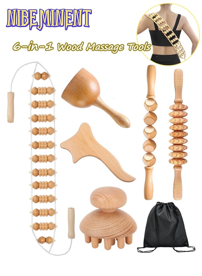 NIBEMINENT 6 Pieces Wood Therapy Kit Massage Tools Kit Wood Massager Roller Gua Sha Roller Pain Relief Body Sculpting Tools for Muscle Pain Relief - Image 1