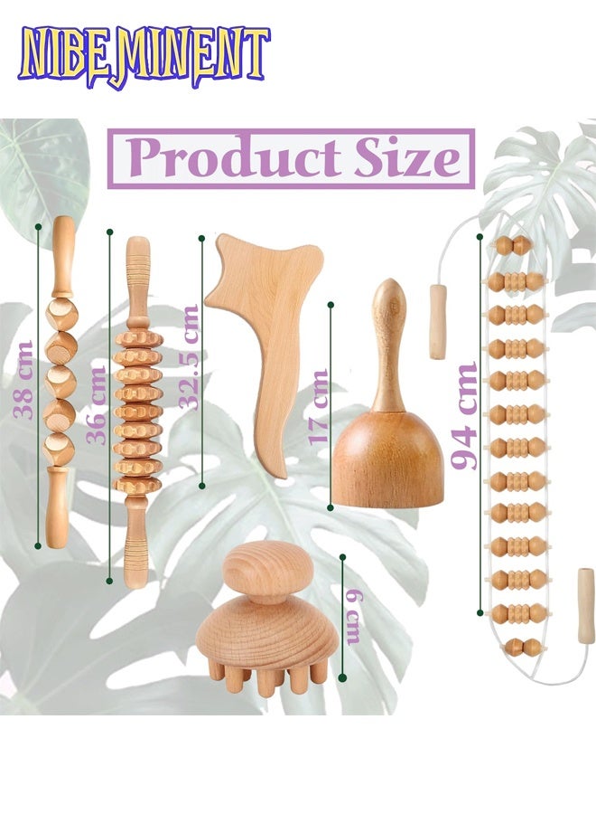 NIBEMINENT 6 Pieces Wood Therapy Kit Massage Tools Kit Wood Massager Roller Gua Sha Roller Pain Relief Body Sculpting Tools for Muscle Pain Relief - Image 3