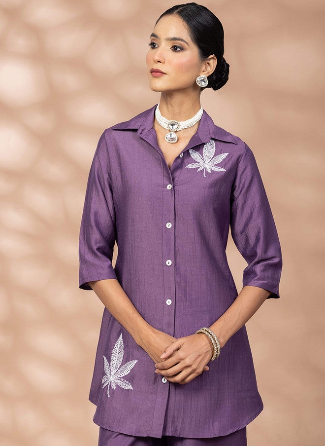 WineRed Embroidered Shirt Collar Shirt With Palazzo - Image 2