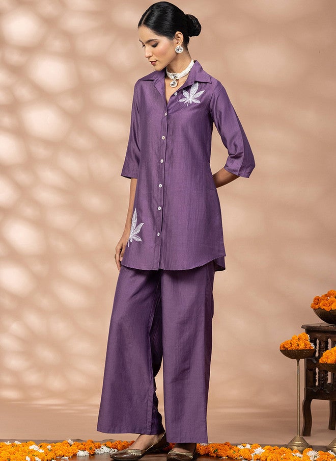 WineRed Embroidered Shirt Collar Shirt With Palazzo - Image 4