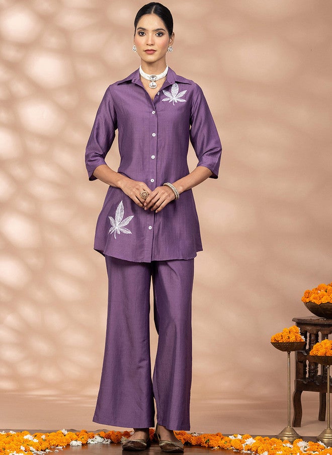 WineRed Embroidered Shirt Collar Shirt With Palazzo - Image 1