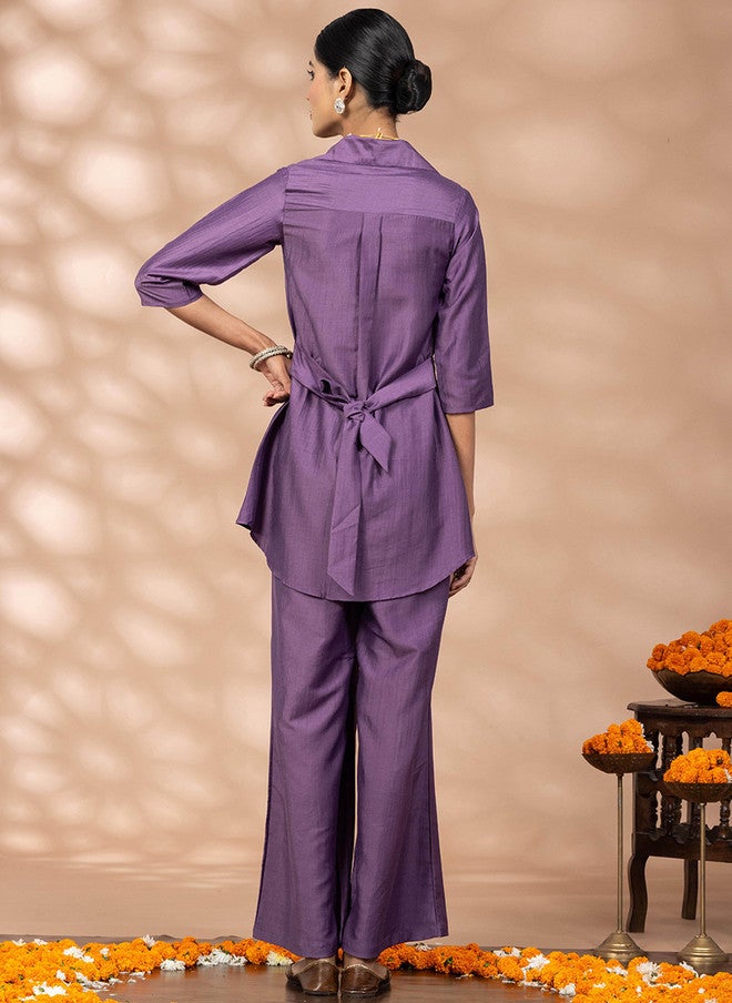 WineRed Embroidered Shirt Collar Shirt With Palazzo - Image 5