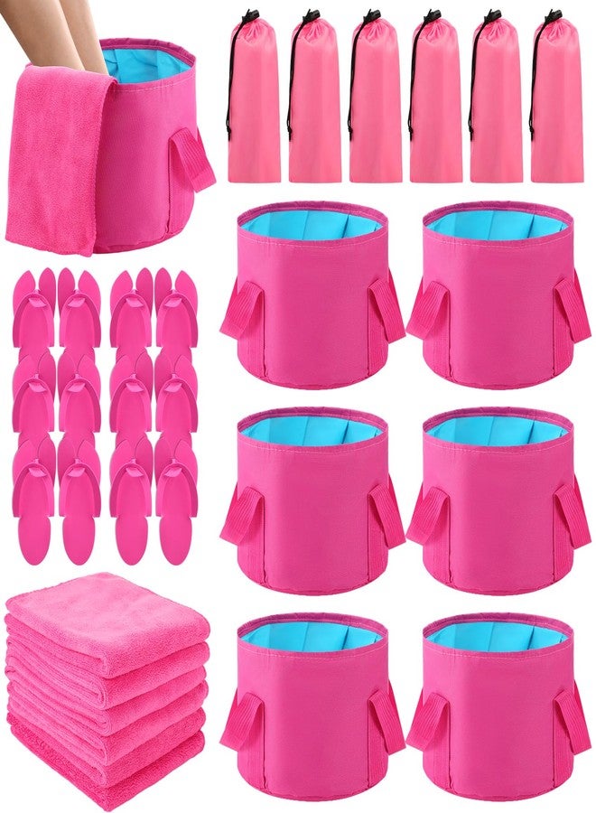 FillTouch 6 Sets Rose Red Foldable Foot Bath Kit 15L Collapsible Foot Soaking Tub Bathroom Towels Women Adult Foldable Slippers with Storage Bag Spa Soak Pedicure Bath for Travel Camping - Image 1