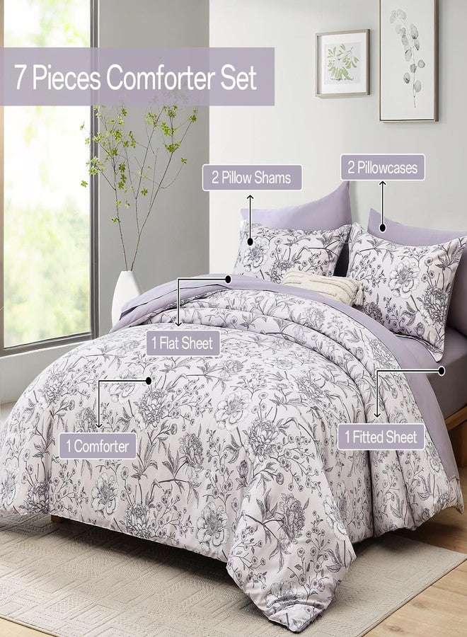 Yiran Botanical Floral Purple Comforter Queen 7 Piece Bed in a Bag Soft Microfiber Bedding Comforter Set for All Season (1 Comforter,2 Pillowcases,2 Pillow Shams,1 Flat Sheet,1 Fitted Sheet) - Image 2