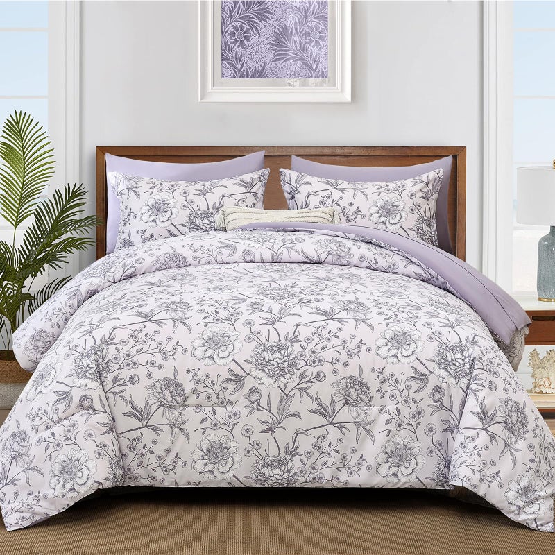 Yiran Botanical Floral Purple Comforter Queen 7 Piece Bed in a Bag Soft Microfiber Bedding Comforter Set for All Season (1 Comforter,2 Pillowcases,2 Pillow Shams,1 Flat Sheet,1 Fitted Sheet) - Image 1