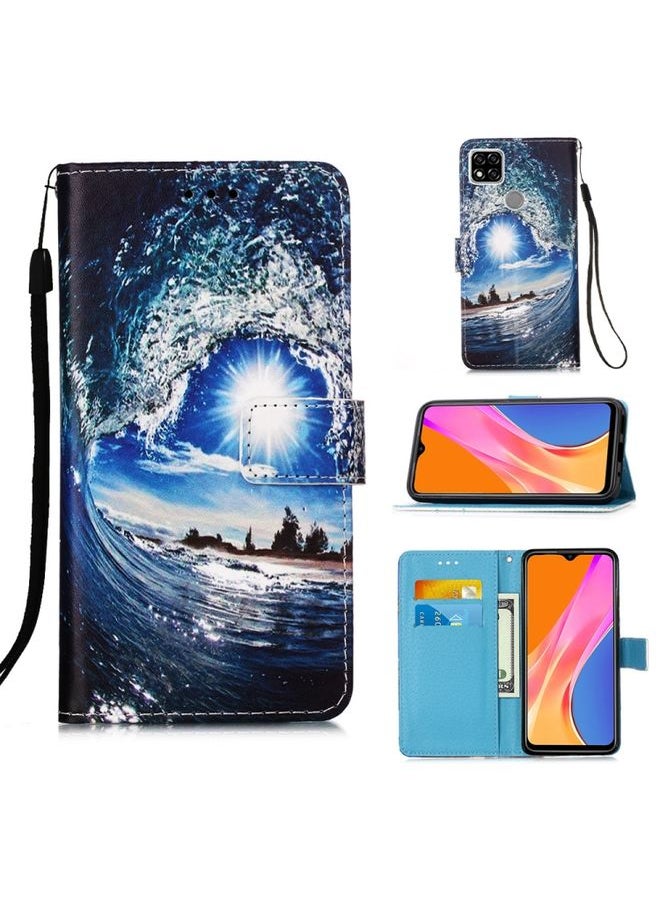 HuHa Case Cover For Xiaomi Redmi 9C Colored Drawing Pattern Plain Weave Horizontal Flip Leather Case with Holder & Card Slot & Wallet & Lanyard Waves And Sun 