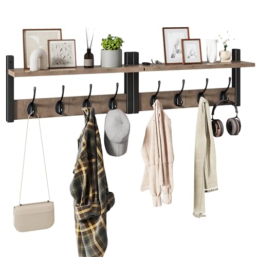 YMYNY Coat Rack Shelf Wall Mounted, Coat Hooks Set of 2, Entryway Coat Hanger with 8 Hooks, 31.5" Wall Floating Shelf with Hat Rack, for Kitchen, Bedroom, Bathroom, Silver Gray UHWS001Y-2 - Image 1