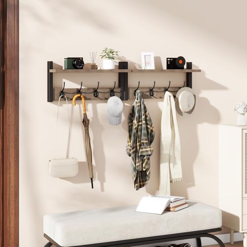 YMYNY Coat Rack Shelf Wall Mounted, Coat Hooks Set of 2, Entryway Coat Hanger with 8 Hooks, 31.5" Wall Floating Shelf with Hat Rack, for Kitchen, Bedroom, Bathroom, Silver Gray UHWS001Y-2 - Image 3