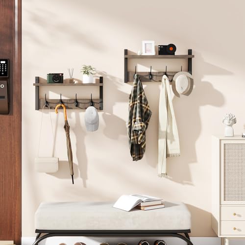 YMYNY Coat Rack Shelf Wall Mounted, Coat Hooks Set of 2, Entryway Coat Hanger with 8 Hooks, 31.5" Wall Floating Shelf with Hat Rack, for Kitchen, Bedroom, Bathroom, Silver Gray UHWS001Y-2 - Image 2
