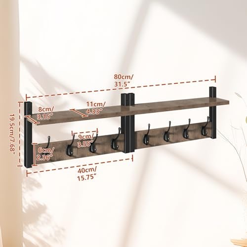 YMYNY Coat Rack Shelf Wall Mounted, Coat Hooks Set of 2, Entryway Coat Hanger with 8 Hooks, 31.5" Wall Floating Shelf with Hat Rack, for Kitchen, Bedroom, Bathroom, Silver Gray UHWS001Y-2 - Image 4
