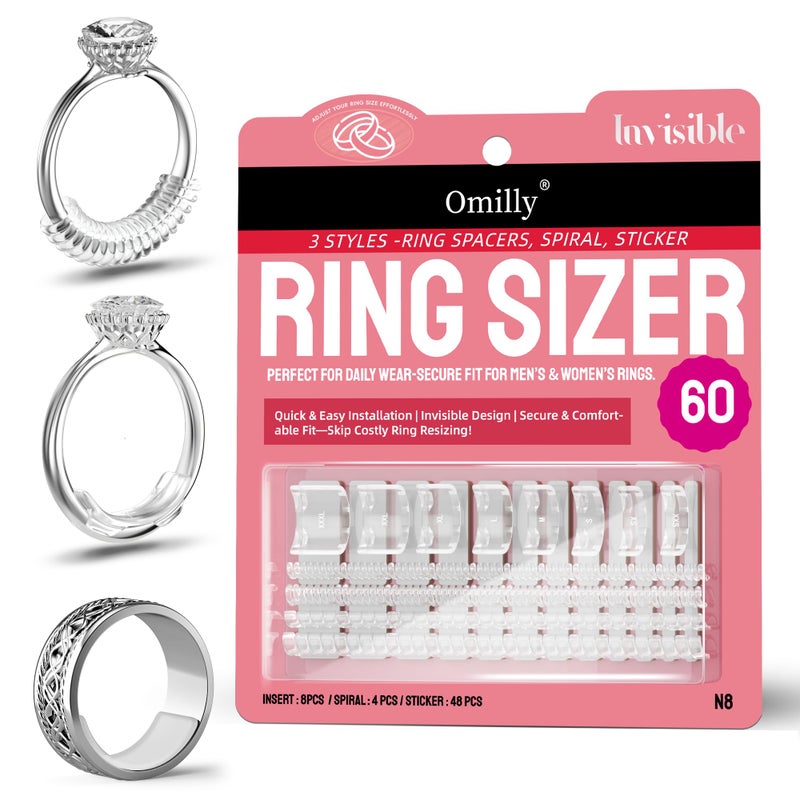 Omilly Ring Sizer Adjuster for Loose Rings, 60 Piece Set with 3 Styles (Spiral Coils, Ring Guards, Sizing Strips), Silicone Ring Guards Fits Ring Widths 1-10mm, Invisible Resizing Solution for Women & Men - Image 1
