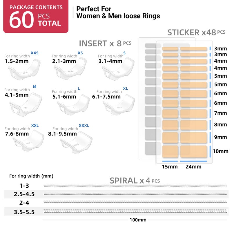 Omilly Ring Sizer Adjuster for Loose Rings, 60 Piece Set with 3 Styles (Spiral Coils, Ring Guards, Sizing Strips), Silicone Ring Guards Fits Ring Widths 1-10mm, Invisible Resizing Solution for Women & Men - Image 3