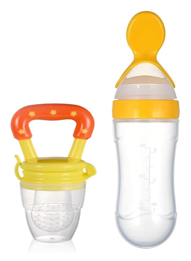 Roforuf Newborn Baby Feeding Bottle 90ML/Silicone Squeeze Feeding Spoon Milk 1 pc and Baby Food Feeder/Neebler/Pacifier 1 pc (Yellow Pack of 2) - Image 1