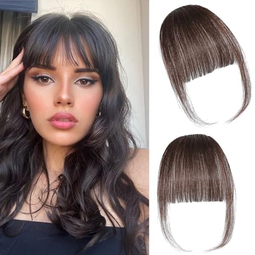 ELEFOCUS Clip in Bangs 100% Real Human Hair Extensions Wispy Dark Brown Fake Hair Pieces for Women Fringe with Temples Daily Wear - Image 1