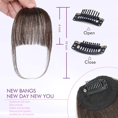 ELEFOCUS Clip in Bangs 100% Real Human Hair Extensions Wispy Dark Brown Fake Hair Pieces for Women Fringe with Temples Daily Wear - Image 2