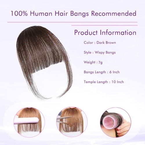 ELEFOCUS Clip in Bangs 100% Real Human Hair Extensions Wispy Dark Brown Fake Hair Pieces for Women Fringe with Temples Daily Wear - Image 5