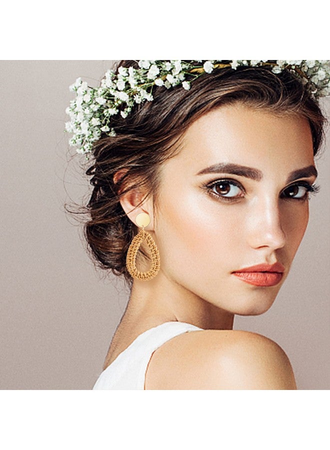 Ponpon 6 Pairs Rattan Earrings, Lightweight Summer Straw Earrings Fashion Geometric Statement Hoop Dangle Drop Zinc Earrings For Women - Image 5