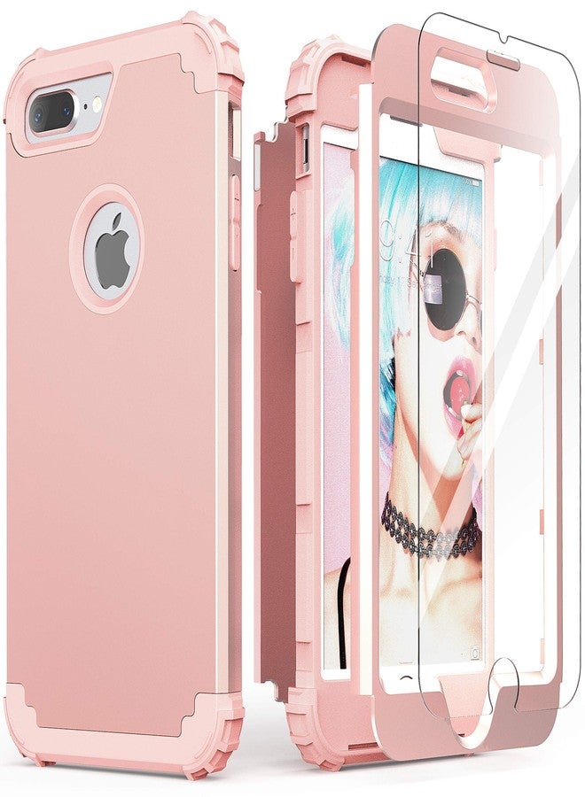 اي دي ويل جراب IDweel لهاتف iPhone 8 Plus، وجراب لهاتف iPhone 7 Plus مع واقي شاشة، حماية هجينة 3 في 1 مقاومة للصدمات، غطاء متين من البولي كربونات الصلب مع حافة من السيليكون الناعم، غطاء قوي لكامل الجسم، لون ذهبي وردي - Image 1