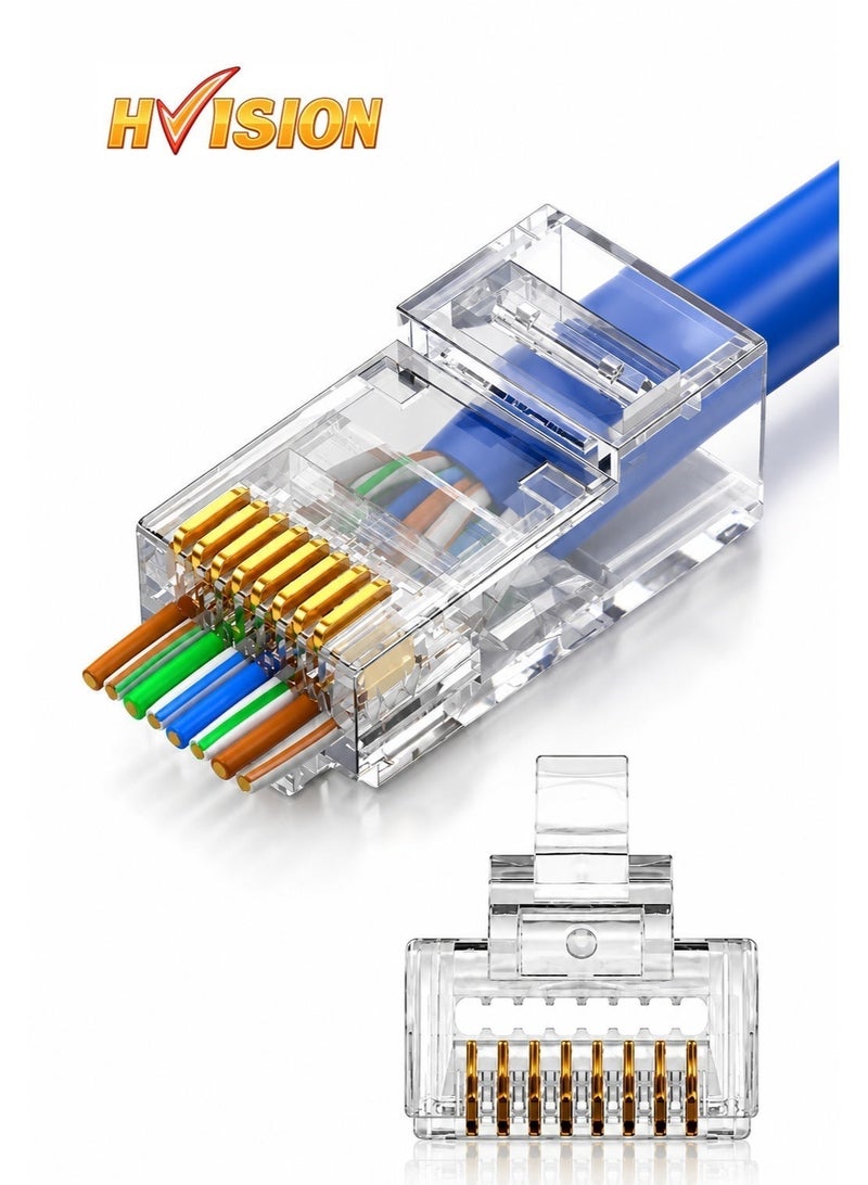 Hivision 100-Pack RH45 Pass Through Connectors – Cat 5/Cat 6 Crimp Plug for Unshielded Twisted Pair (UTP) Solid Network Cables - Image 1