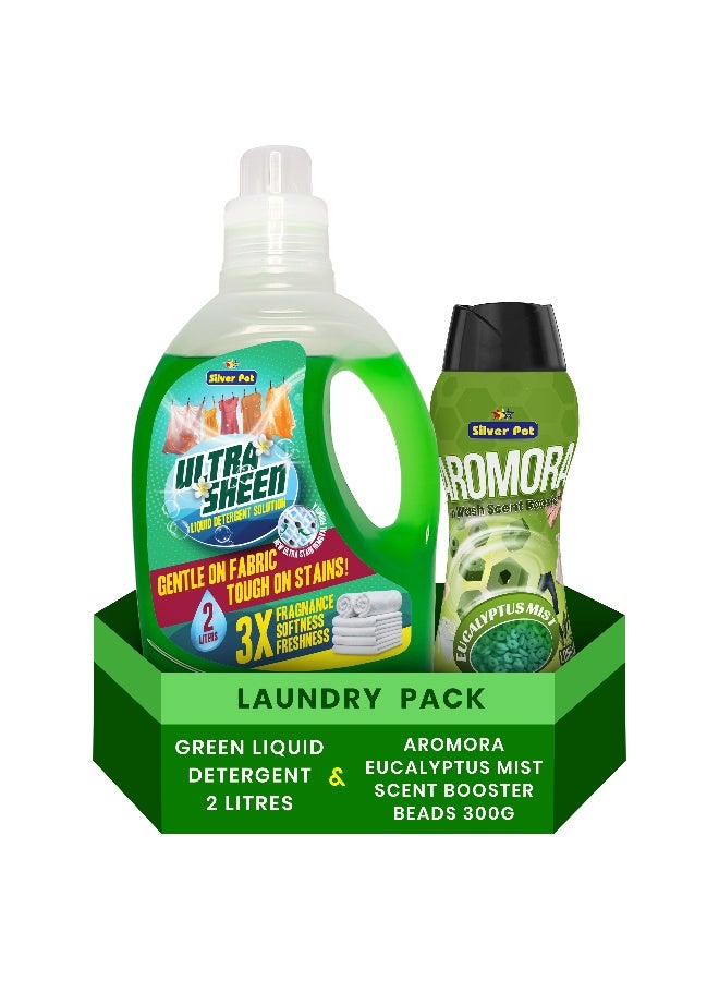 Silver Pot Bundle Pack -  Green Liquid Detergent 2Ltr + Eucalyptus Mist In Wash Scent Boosters Softener 300g - Laundry Liquid Detergent -  Powerful Deep Clean Formula & Long Lasting Fragrance - Makes Clothes Soft, Fresh & Shiny - Image 1