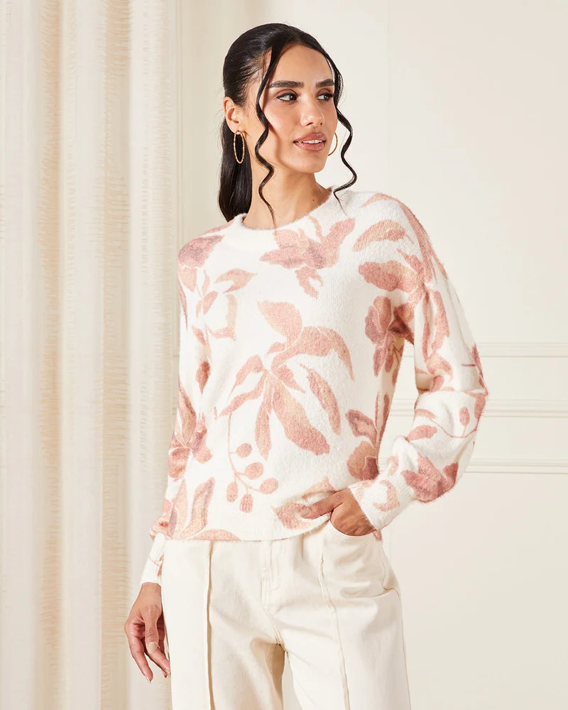 Redtag Women Beige Printed Lurex Knitted Pullover