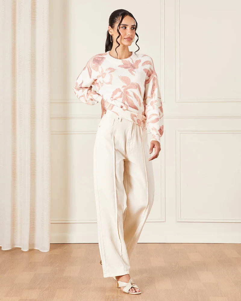 Redtag Women Beige Printed Lurex Knitted Pullover
