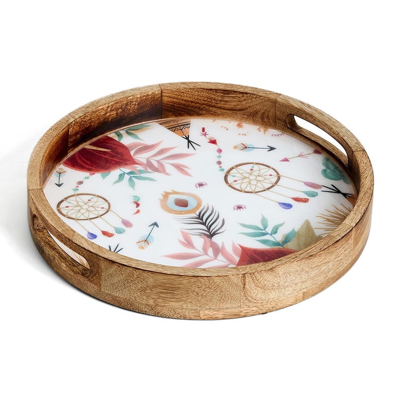 Saaga Round Serving Mango Wooden Tray with Handles - 12 Inch X 2 Inch - Serving Snacks, Beverages, Tea, Dessert, Dinner, Breakfast - Burnt Sienna - Image 1