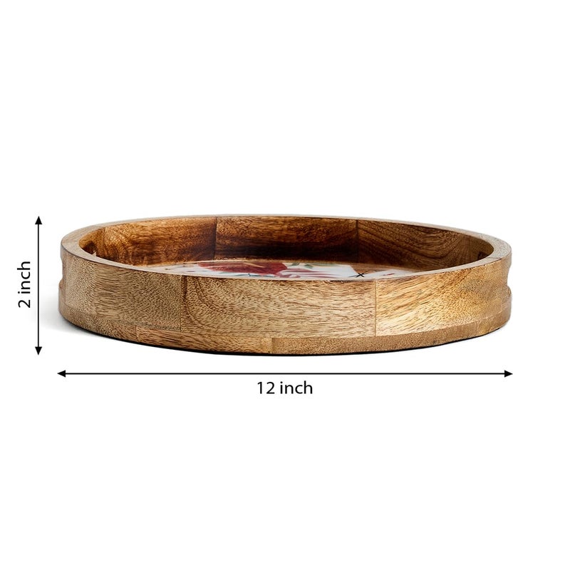 Saaga Round Serving Mango Wooden Tray with Handles - 12 Inch X 2 Inch - Serving Snacks, Beverages, Tea, Dessert, Dinner, Breakfast - Burnt Sienna - Image 2