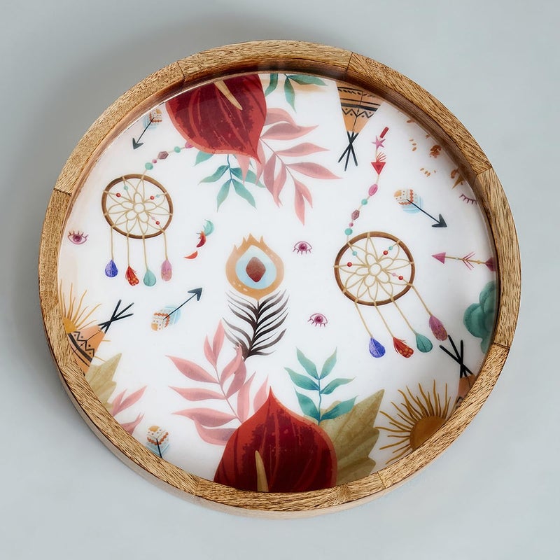 Saaga Round Serving Mango Wooden Tray with Handles - 12 Inch X 2 Inch - Serving Snacks, Beverages, Tea, Dessert, Dinner, Breakfast - Burnt Sienna - Image 5