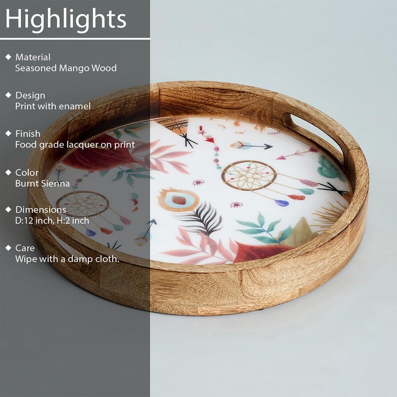 Saaga Round Serving Mango Wooden Tray with Handles - 12 Inch X 2 Inch - Serving Snacks, Beverages, Tea, Dessert, Dinner, Breakfast - Burnt Sienna - Image 3