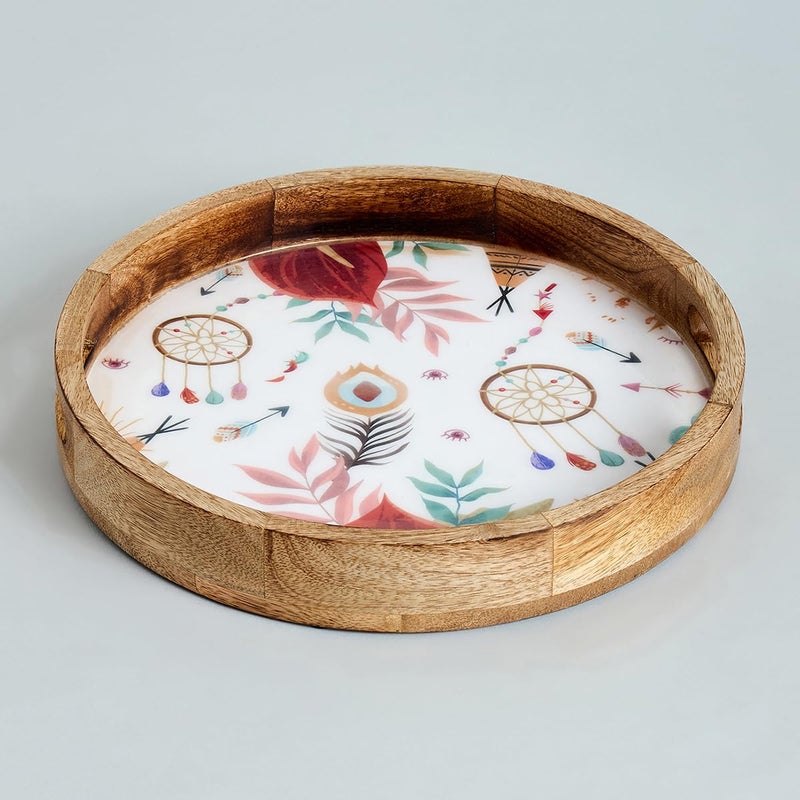 Saaga Round Serving Mango Wooden Tray with Handles - 12 Inch X 2 Inch - Serving Snacks, Beverages, Tea, Dessert, Dinner, Breakfast - Burnt Sienna - Image 4
