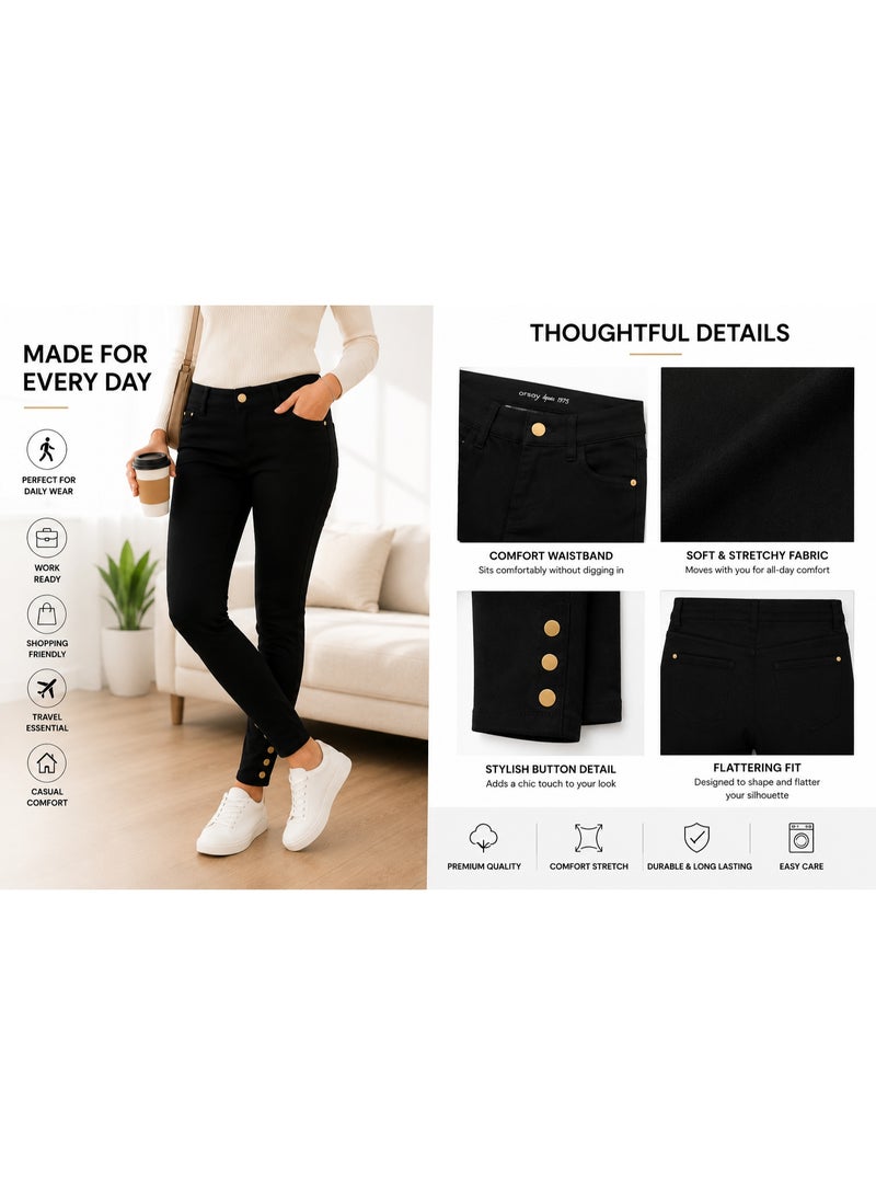 NOVA TECH Women's Slim Fit Stretch High Waist Pants with Button Ankle Detail, Black - Image 5