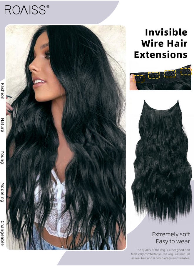 roaiss - Invisible Wire Hair Extensions with Transparent Headband Adjustable Size with 4 Secure Clips Black Long Wavy Hairpiece 20 Inch for Women - Image 1