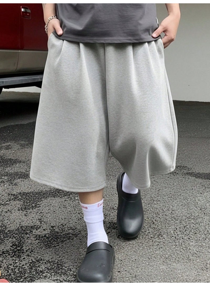 Men's Oversized Sweatshorts Casual Wide Leg Grey Cotton-Blend Half Pants with Elastic Waist - Image 2
