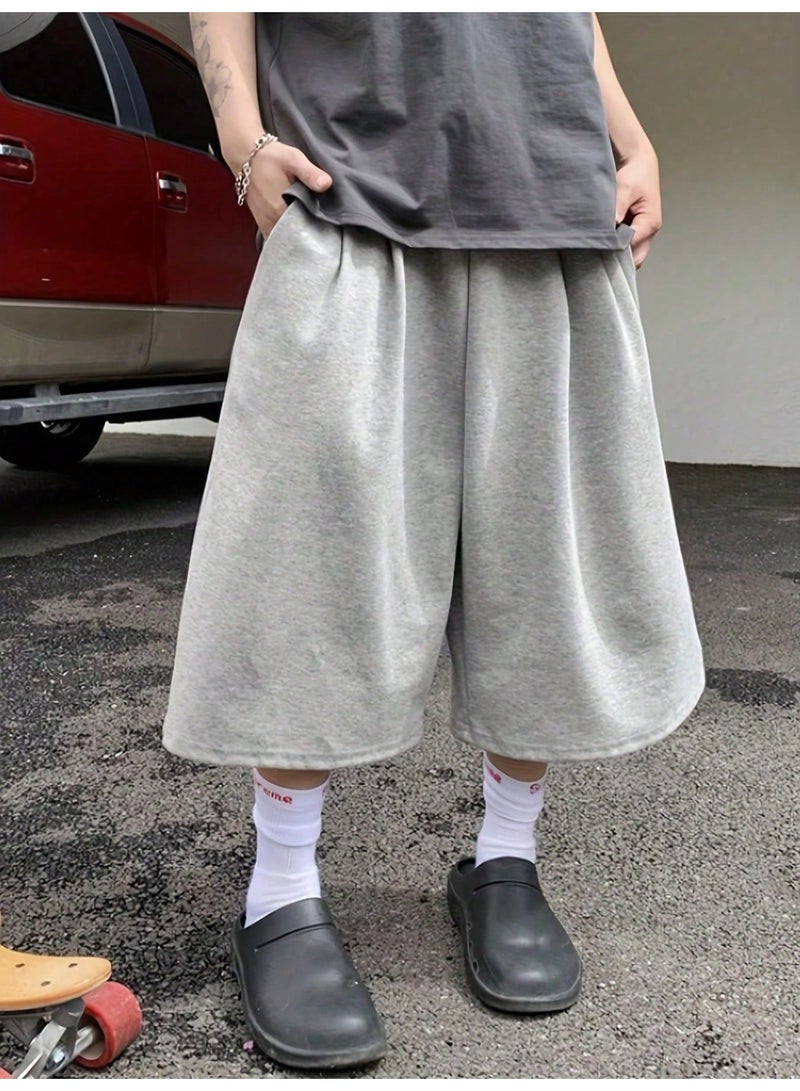 Men's Oversized Sweatshorts Casual Wide Leg Grey Cotton-Blend Half Pants with Elastic Waist - Image 1