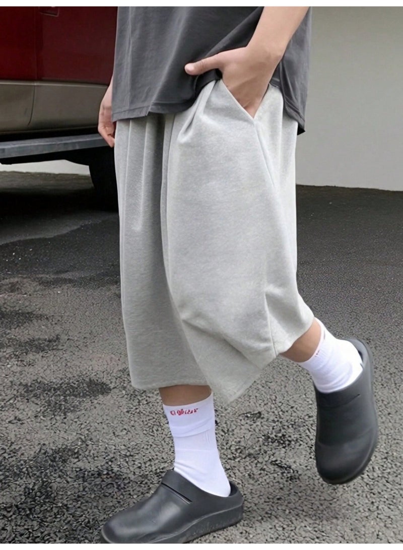 Men's Oversized Sweatshorts Casual Wide Leg Grey Cotton-Blend Half Pants with Elastic Waist - Image 3