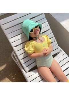 Korean Style Childrens One-Piece Swimsuit with Bubble Sleeves for Princess Vacation Hot Spring Baby Girl Cute Temperate Yellow (refer to the white background of the hat)