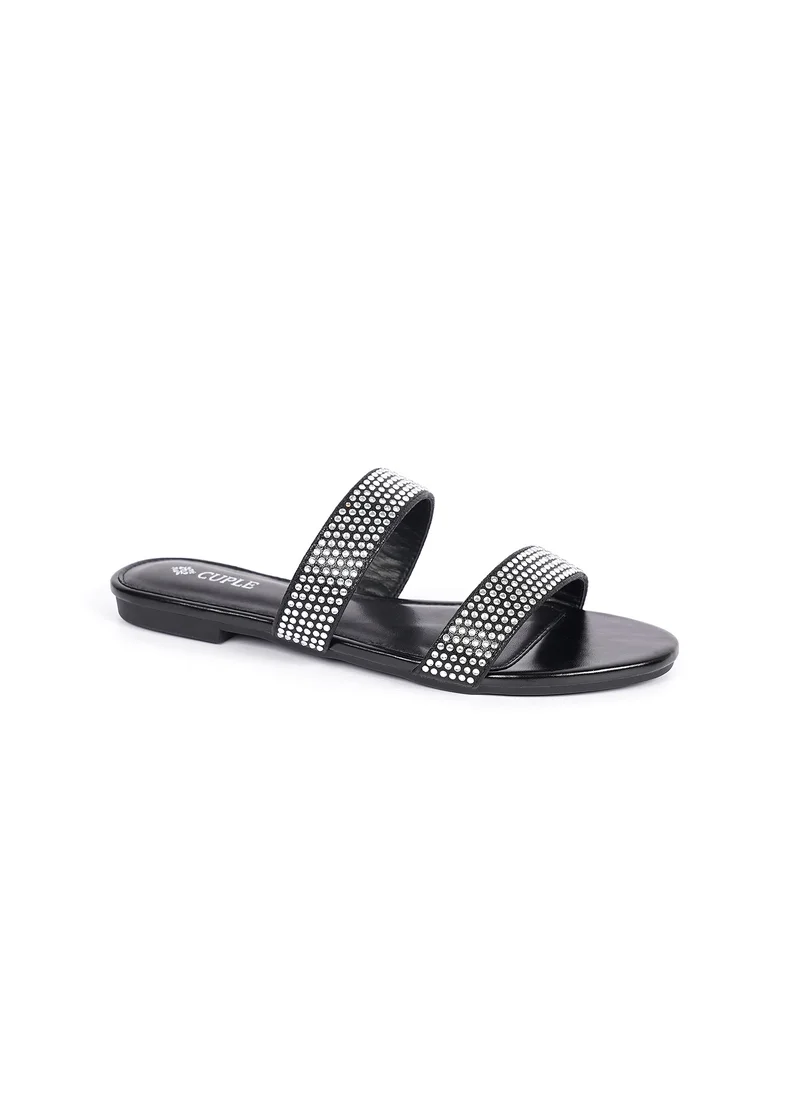 Cuple Womens embelished two-strap slide Sandals