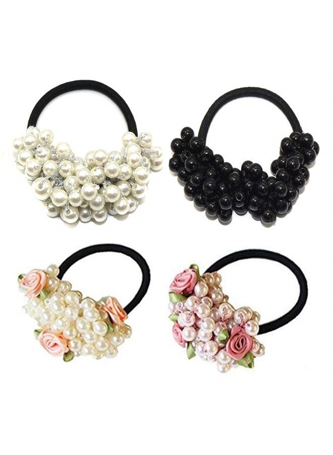 Suoirblss 4PCS Fashion Women Imitation Pearl Elastic Hair Ties Beaded Hair Band Rope Scrunchie Ponytail Holder Hair Accessories (B#) - Image 1