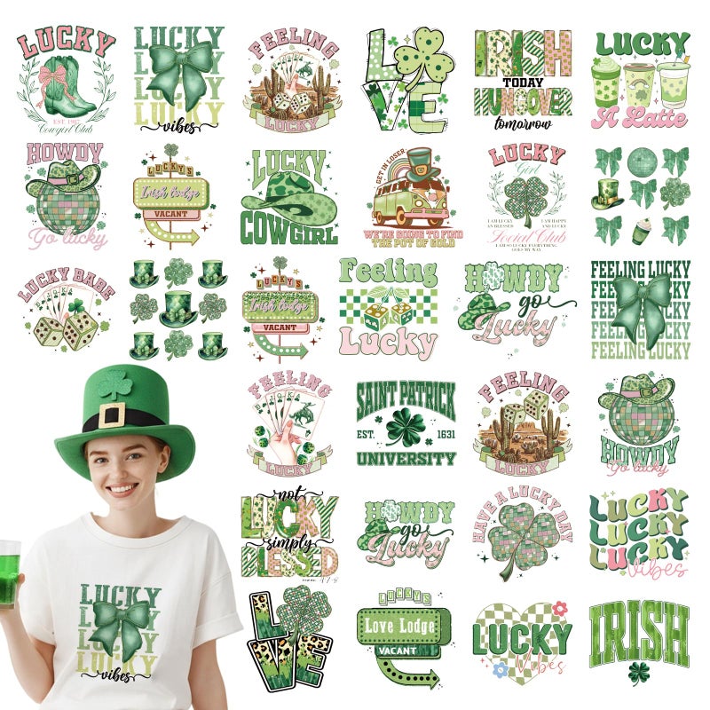 INCOK St Patrick's Day DTF Transfers Ready to Press - 30 Sheets Iron on Transfers for T-Shirts, Lucky Shamrock Iron on Patches for Clothes for Hat Bag Jeans Tablecloth Garden Flag DIY Irish Crafts - Image 1